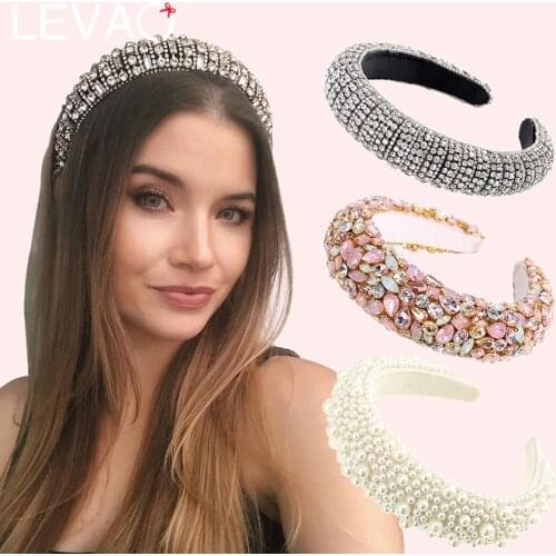 Levao Baroque Padded Headband Rainbow Flower Crystal Beaded Hairband for Women Head Bezel Hair Hoop Rhinestone Pearl Headbands