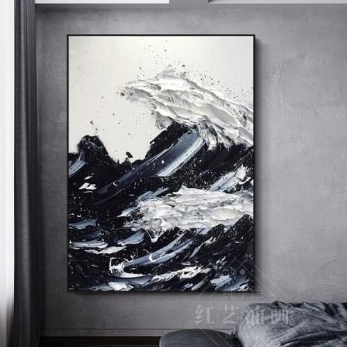 Hand-painted abstract oil painting Black ＆ white waves Mural Canvas painting Restaurant living room Entrance Decoration painting