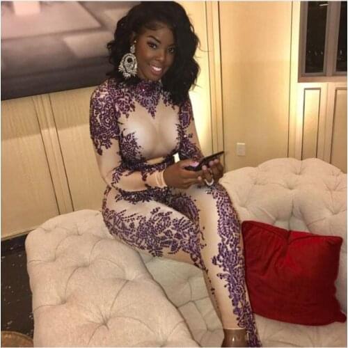 Sexy Sparkly Purple Stones Jumpsuit Long Sleeves Rhinestone Birthday Celebrate Rompers Outfit Costume Singer Leotard Wear