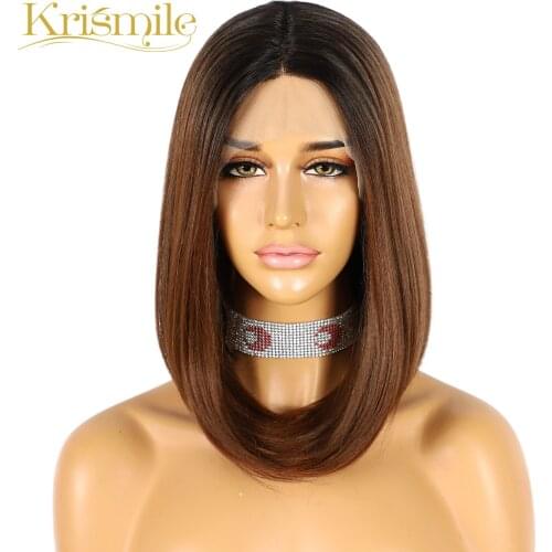 Krismile Synthetic Short Bob Yaki Lace Wigs Ombre Brown for Women Daily Cosplay High Temperature Summer Hair 14inches Hair