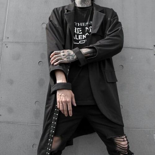 Autumn Spring Irregular Punk trench coats men Rivet Solid Black color Open stitch