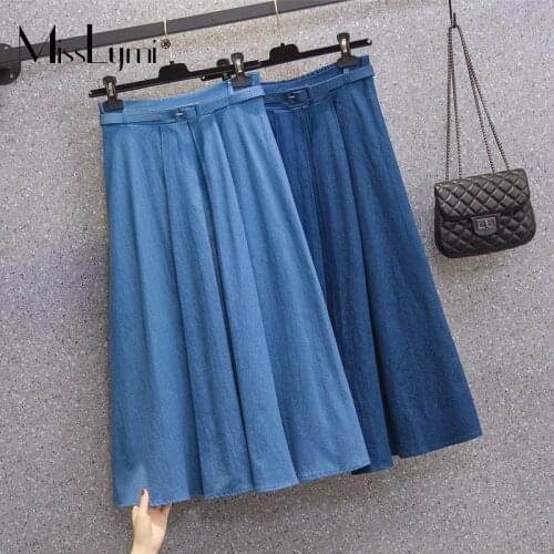 MissLymi L-4XL Plus Size Women Denim Skirt Summer 2021 Fashion Blue High Waist Pleated Midi A-Line Skirt Female With Belt