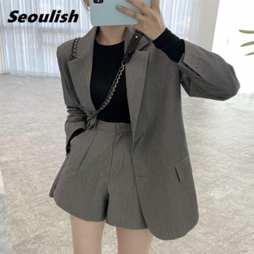 Seoulish 2021 New Spring Summer Womens Shorts Suits Single Breasted Loose Blazer Jacket & Chic Shorts Female Office Ladies Sets
