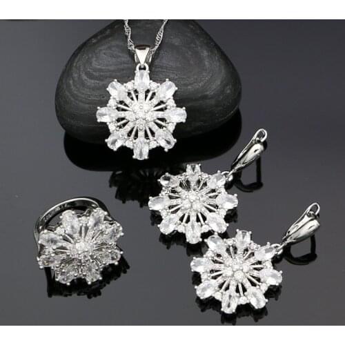 925 Silver Bridal Jewelry Sets for Women White Cubic Zirconia Crystal Flower Earrings Necklace Pendant Ring Silver Set