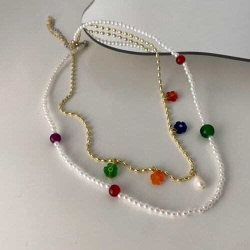 Origin Summer Textured Double-Layer Multicolor Flower Chokers Necklace for Women Imitation Pearl Bead Chain Necklace Jewelry