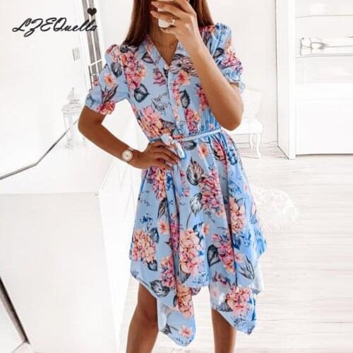 Women Summer Floral Print Boho Dress Short Sleeve V Neck Button Sashes Dresses Party Holiday Sundress Vestidos NZ3797