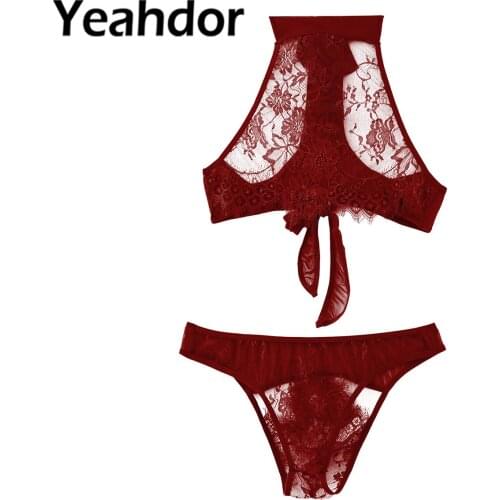 2021 Big Size Women Sexy See-through Lace Lingerie Set Halter Neck Open Back Top and Briefs Suit Female Underwear Nightwear