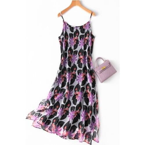 Womens 100% Silk braces skirt luxury Fashion Heavy slip dress Long Dress Elegant Purple Flower print L1180