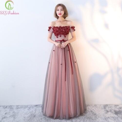 SSYFashion New Evening Dress Elegant Banquet Boat Neck Lace Appliques Floor-length Formal Party Gown Custom Bride Dresses