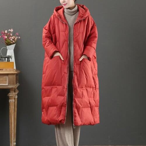FMFSSOM Winter Women 90% White Duck Long Coat Thick Warm Hooded Big Pocket Down Parkas Ladies Loose Snow Jackets Outwear