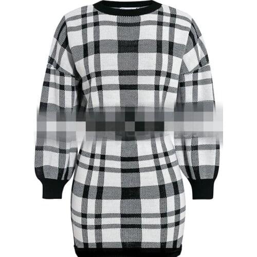 1set/lot Plaid knitted two-piece suit sexy autumn Dress women elegant winter sweater dress (good)