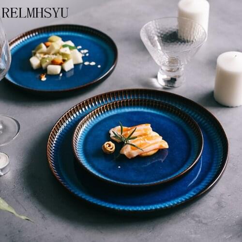 1PC RELMHSYU Ceramic Creative Nordic Blue Striped Round Flat Western Pasta Steak Dinner Plate Tableware Household