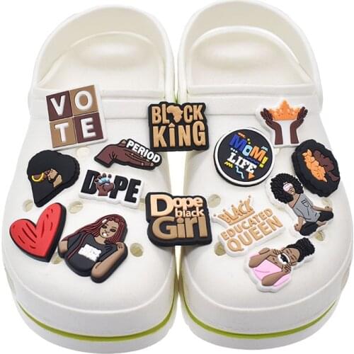 Hot 10PCS Cabochon PVC Shoe Charms Decorations BLM Black Girl Magic Queendom for Croc Shoes Charms Kids Party Gifts
