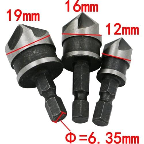 3pc 12mm 16mm 19mm Countersink Bore Set 1/4" Hex Shank Wood Plastic Chamfer Bit