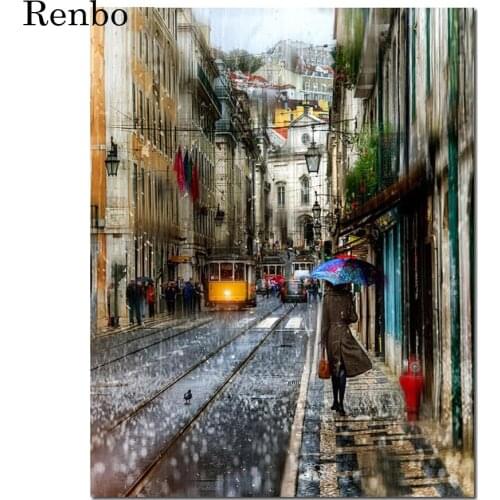 Full square round resin 5d diy Diamond Painting Town Landscape Diamond Embroidery accessories Cross Stitch kit Rain in Lisbon
