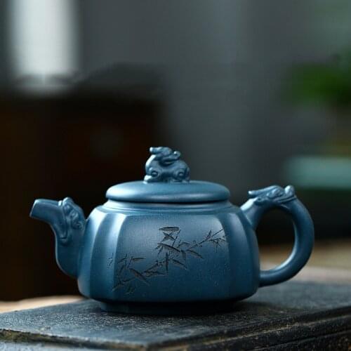 Teapot Fully Handmade Azure Mud Dragon Line Chinese Kung Fu Tea Set Teapot Exquisite Carved Flower Zisha Pot Infusers Loose Tea