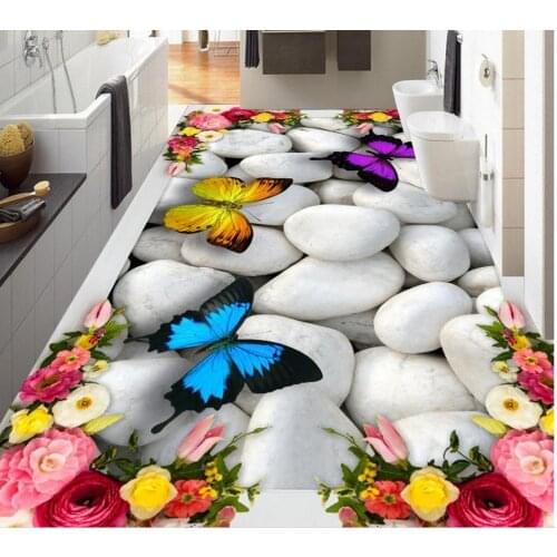 Photo floor wallpaper 3d stereoscopic 3D roses butterfly floor PVC waterproof floor Home Decoration