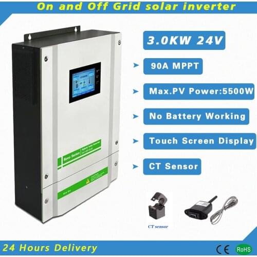 3KW 24VDC to 230VAC Hybrid Pure Sine Wave Grid Tied Inverter With 90A MPPT Solar Charge Controller and CT Sensor