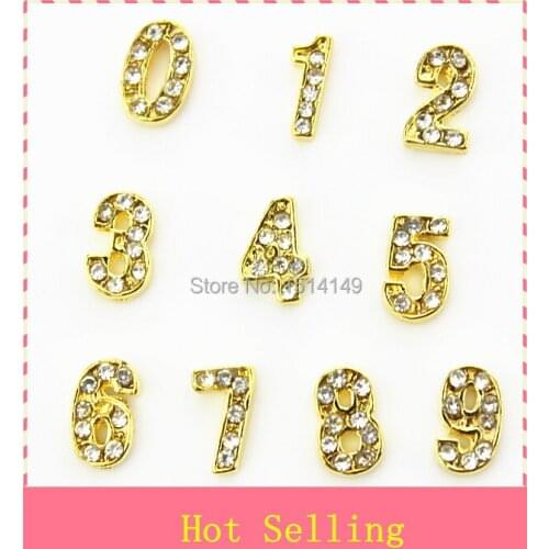 Hot selling gold crystal number floating charm living glass floating memory charms(1lot=50pcs=10 design number per 5pcs)