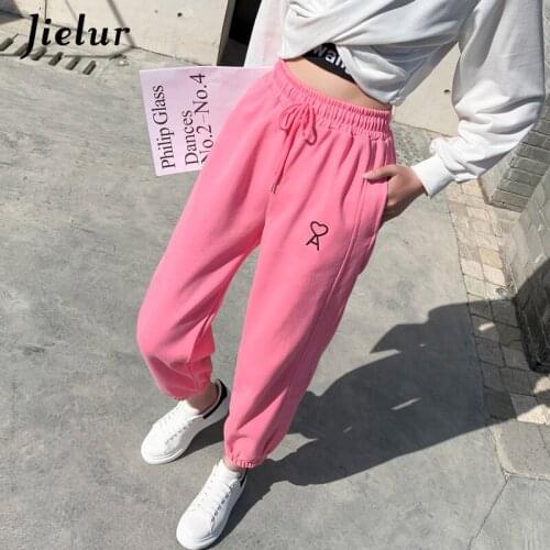 Jielur Candy Color Harem Pants Love Embroidered New Sports Casual Womens Pants White Pink Black Pants for Woman Trousers S-2XL