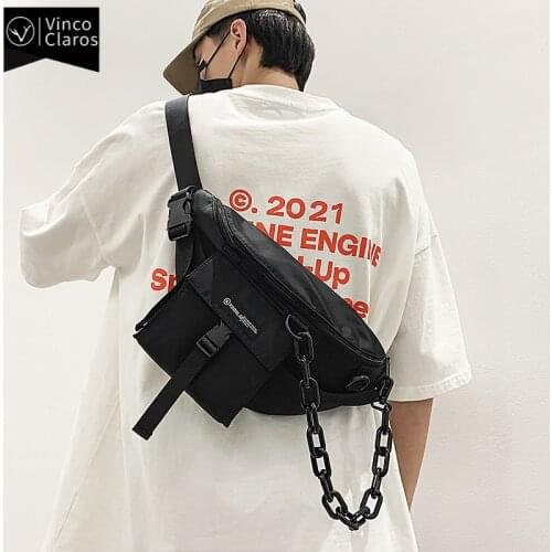 Cool Black Chains Chest Bags for Men Trend Streetwear Mens Waist Bag Unisex Large Capacity Purse Belt Bag Nylon Fanny Pack 2021