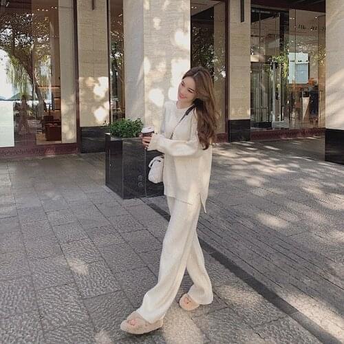 Two Piece Set Pullover Sweater Knit Tracksuit Women High Waist Knit Straight Wide leg Pants Suit Spring Clothes Tracksuit Suit