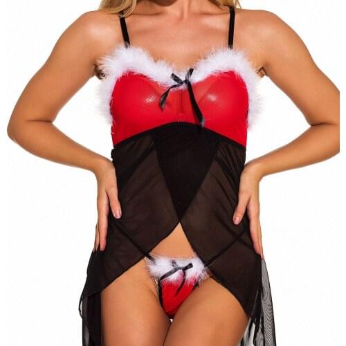 Women Christmas Lingerie Set Perspective Cosplay Costumes With Bow-knot Ribbons Net Yarn Low-cut V-neck Underwear + Panties