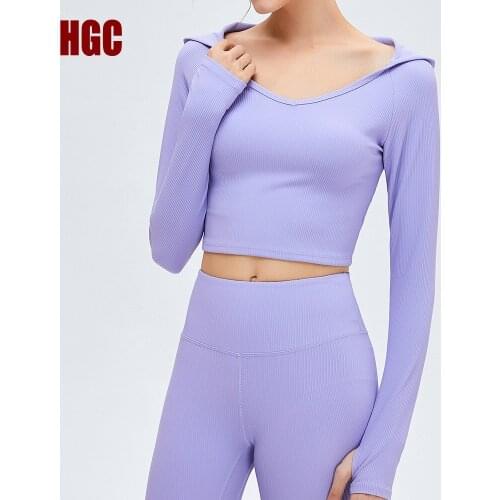Sports Crop Top Women Hooded Long Sleeve Gym T-shirt Running Fit Training Fitness Clothes Sexy Thumb Holes Yoga Blouse HGC
