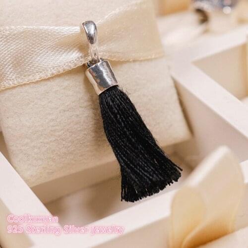 Summer 100% 925 Sterling Silver Black Fabric Tassel Dangle Charm Beads Fit Original Pandora Charms Bracelet DIY jewelry