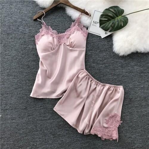 Summer Suspender Shorts Two-Piece Set with Chest Pad Silk Pajamas Tracksuit Thin sexy lingerie korean -AL