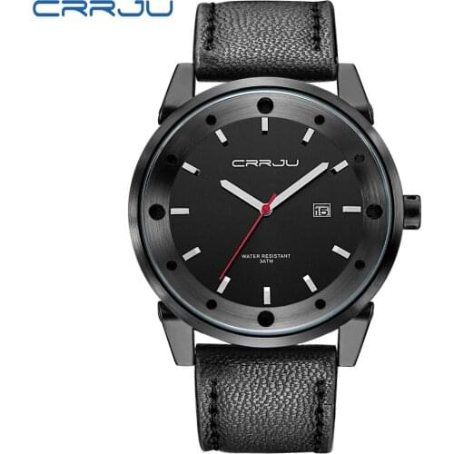 Top Brand CRRJU Men Watch Fashion Black Leather Strap Wristwatch Casual Waterproof Male Watch With Complete Calendar Relogio