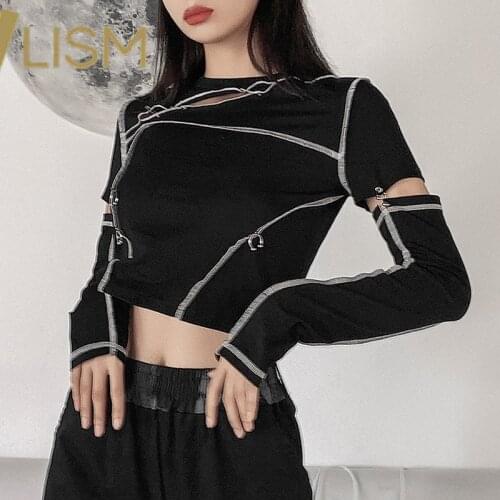 LISM Winter Fall Clothes Punk Streetwear Gothic Tee Hollow Out Long Sleeve Goth Fashion Tshirt Women Metal Ring T Shirt Women