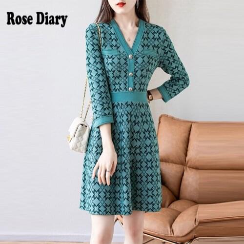 RoseDiary 2021 Autumn Elegant Women V neck Plaid Knitting Dress Geometric Women A line Tunic Knit Sweater Dress