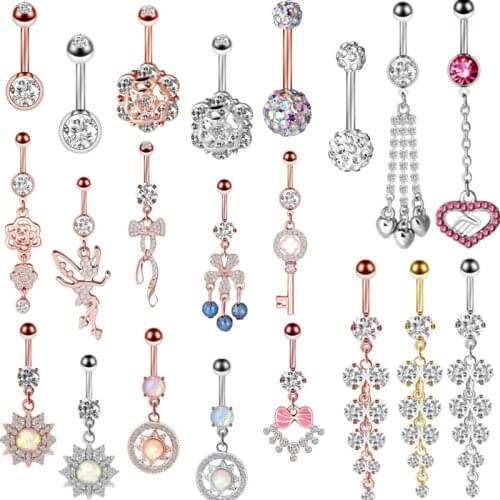 1/2PCS 14G Opal Flower Cute Belly Button Ring Surgical Steel Heart Navel Piercig Ring Sexy Belly Piercing Dangle Pircing Ombligo