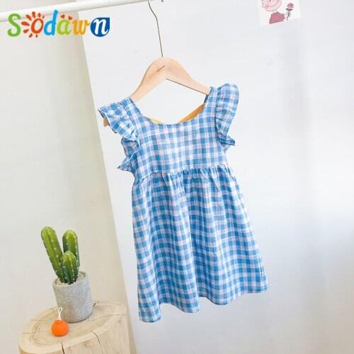 Sodawn Flying Sleeve Plaid Printed Backless Sweet Girls Dress New Summer Princess Dress Toddler Casual Kids Clothes