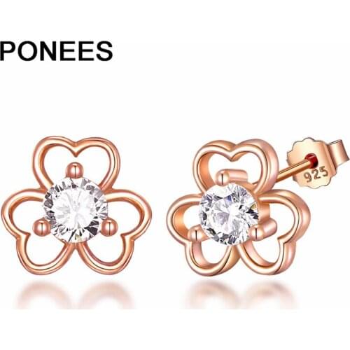 Ponees Heart Clover Stud Earrings 100% 925-Sterling-Silver Solitaire Zircon Earrings Jewelry For Women Engagement Wedding