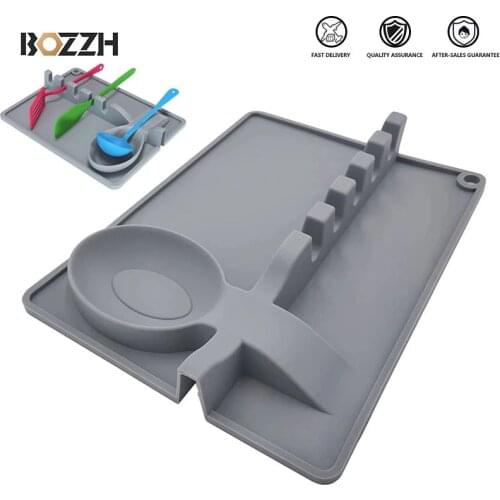 BOZZH 2 In 1 Silicone Spoon Holder Non-slip Ladle Spoon Rest Draining Rack Mat Organizer Spatula Holder Kitchen Utensils