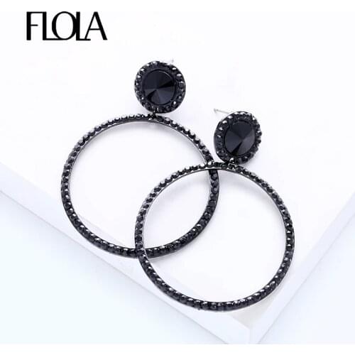 FLOLA New Big Hoop Earrings Round Circle Black Earrings for Women Crystal Rhinestone Statement Jewelry wholesale ersm31