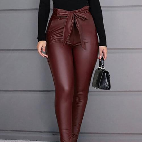 2021 Plus Size PU Leather Pants Bow Lace-up Black Sexy Skinny Womens Office Pencil Pants Casual Pockets Formal Trousers Women