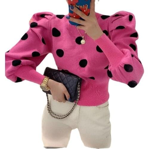 Korean Chic Knitted Sweater Women Dot Puff Sleeve O-neck Pullover Jumper temperament Knitwear Tops Female Casual Autumn Winter