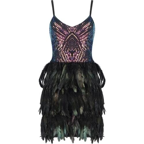 2021 New Bandage Dress Women Party Club Mini Dresses Sequined Sexy Summer Dresses Elegant Feather Sapghetti Strap Clothes