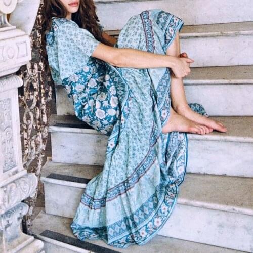 AYUALIN boho long dress for women vintage cotton rayon floral printed V-neck short sleeve bohemia summer dresses beach vestidos