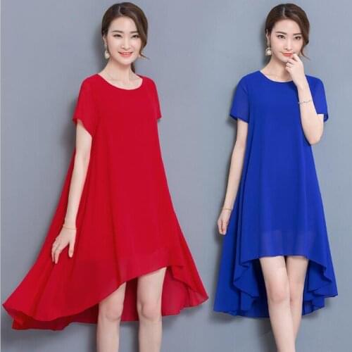 Plus Size L-4XL 5XL Dress Woman 2020 New Summer Chiffon Dress Female Casual Loose Pure Short Sleeves O-Neck Dress Black Red