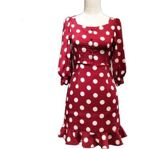 VSUE Red Polka Dot Slash Neck 3/4 Sleeve Short Mini Dress Vintage Summer Beach Vocation Women Female Elegant Retro D1604