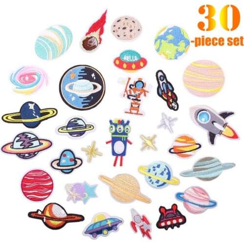 30pcs Cartoon Planets Embroidery Patches Set Cloth Iron on Patch Alien Spaceship Thermo Adhesive Badges Boys Clothes Appliques