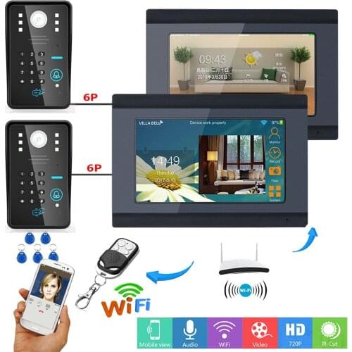 7inch 2 Monitor Wired Wifi RFID Password Video Door Phone Doorbell Intercom Entry System with 2 X IR-CUT 1000TVL Wired Camera