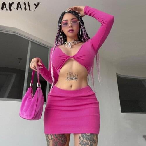 Akaily Summer White Sexy 2 Two Piece Sets Womens Mini Skirt Rave Outfits Deep V Neck Long Sleeve Crop Top Dress Sets Suits