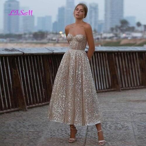 Glitter A-Line Short Prom Dress Sweetheart Backless Ankle Length Evening Gowns Shiny 2021 Women Formal Party Dress
