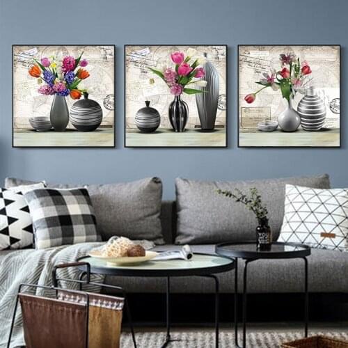 GOODECOR Vintage Still Life Canvas Flower Painting Living Room Decoration Printed Giclee Prints 3 Panels Wall Art Pictures