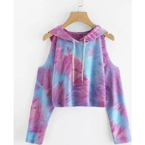 Harajuku Tie Dye Hoodie For Teen Girls Sexy Cold Shoulder Long Sleeves Crop Top Autumn Thin Hooded Sweatshirt Korean Hoody Bluza